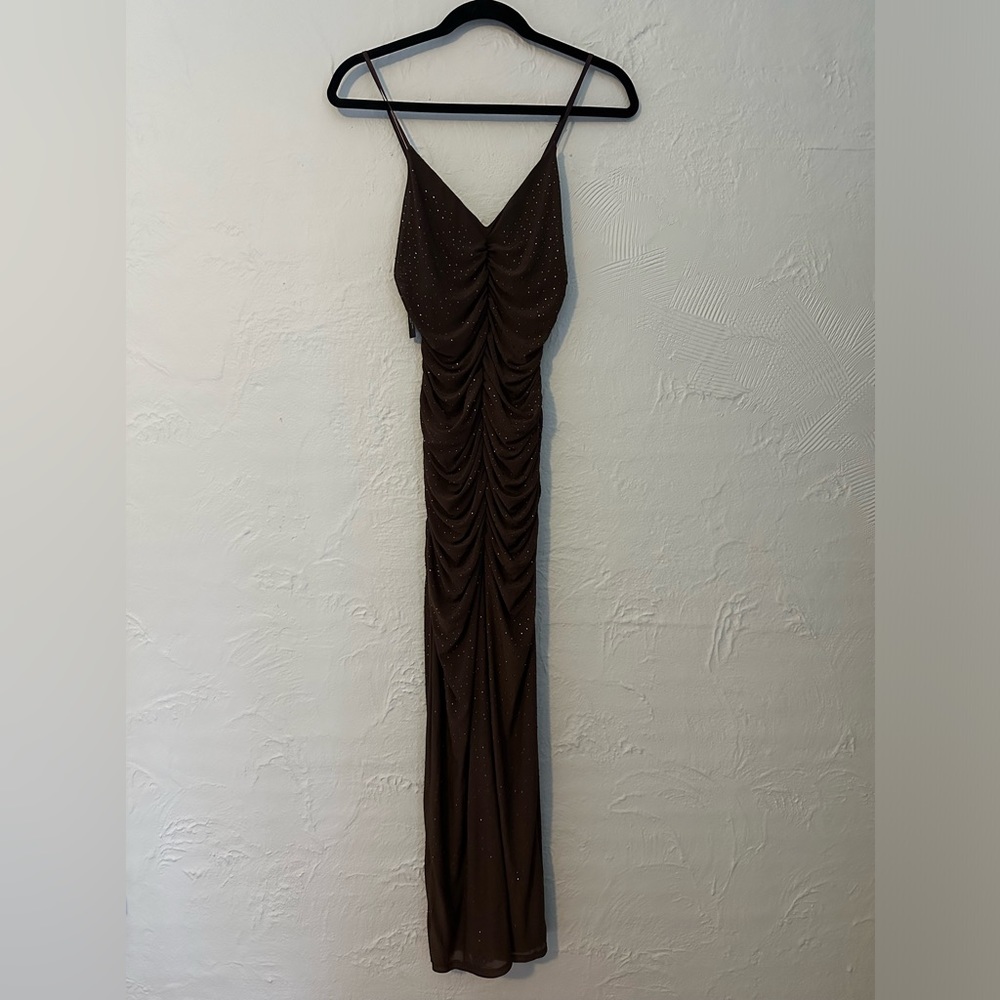 AFRM Brown Lupita rhinestone mesh maxi dress